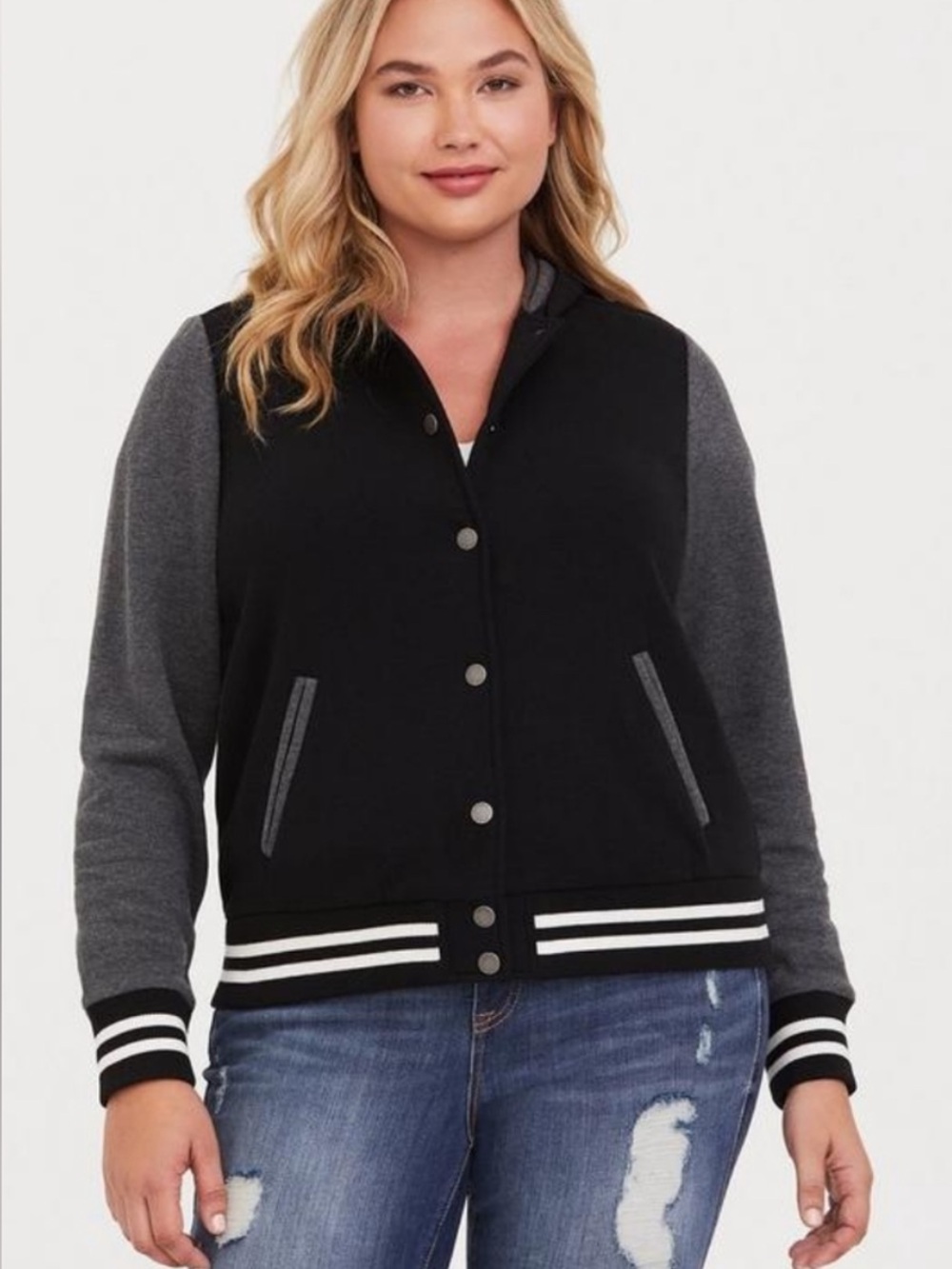 Torrid Black & Gray Hooded Varsity Jacket Size 3X